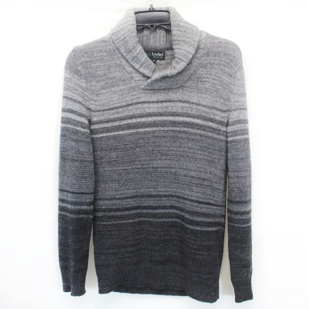 Tris Line Italian Gray Wool Blend Striped Pullover Sweater Shawl Neck Warm Small